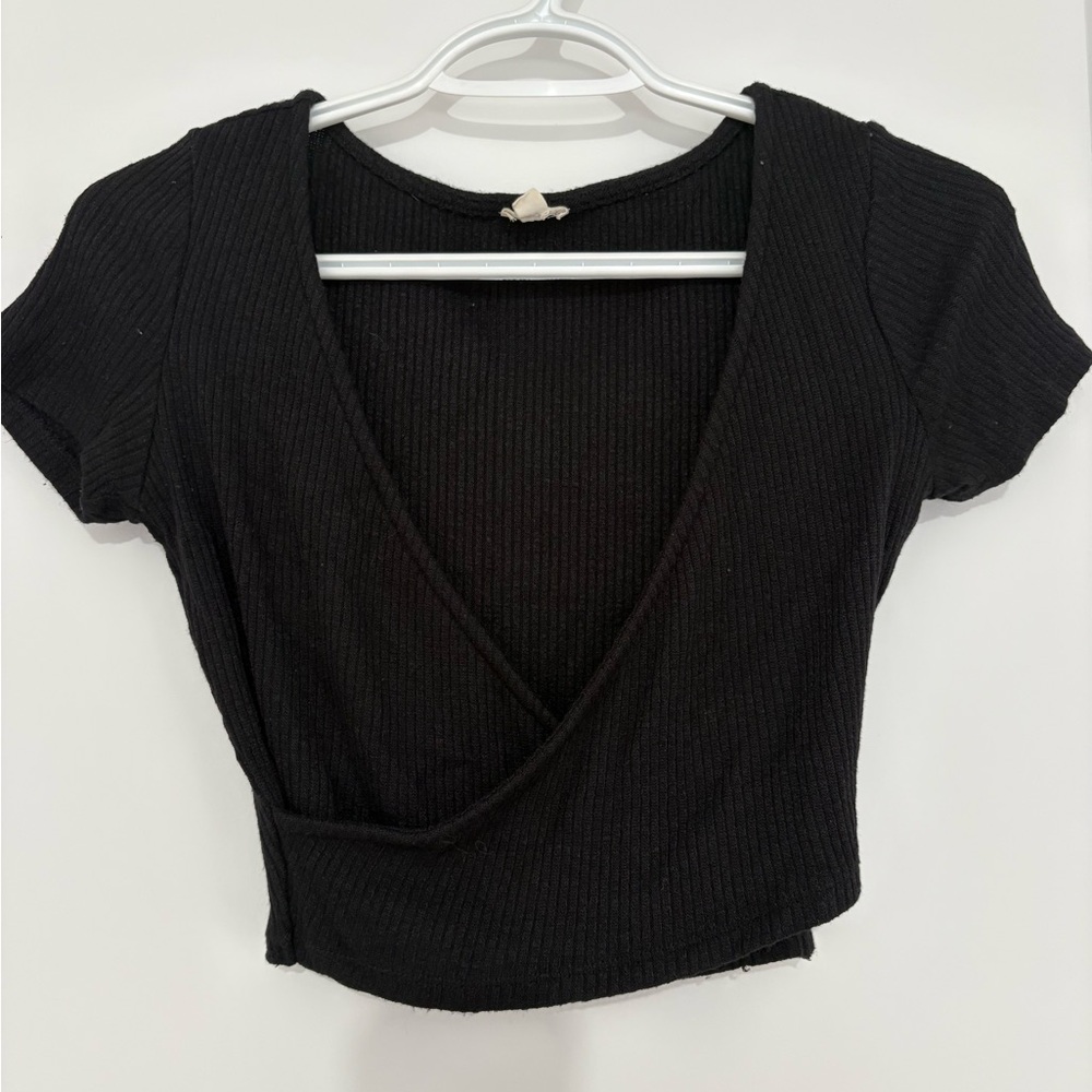 Garage Black Ribbed V-Neck Women's Top